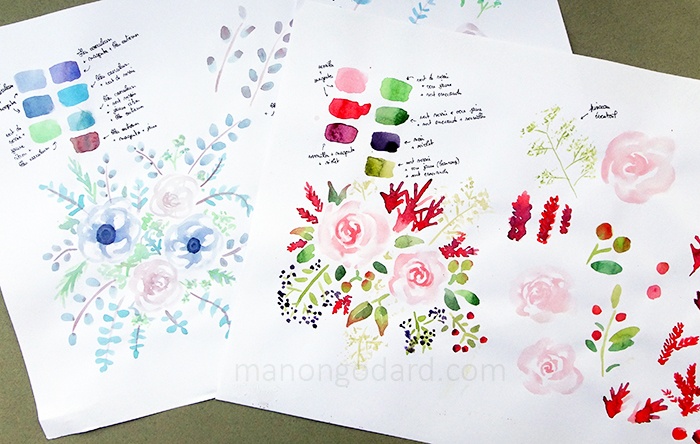 Planches de recherches de fleurs et végétaux à l'aquarelle