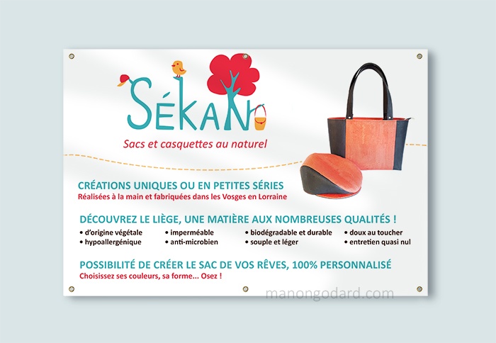 Bâche banderole pour la marque SeKaN, entrepreneuse créatrice de sacs, couturière. Graphiste : Manon Godard