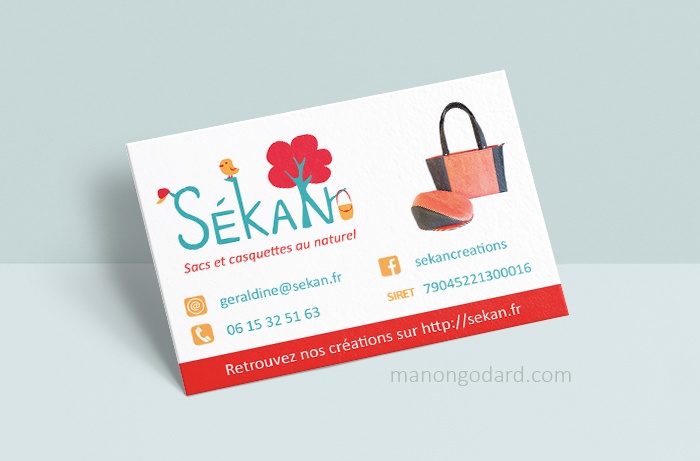 Carte de visite pour la marque SeKaN, entrepreneuse créatrice de sacs, couturière. Graphiste : Manon Godard