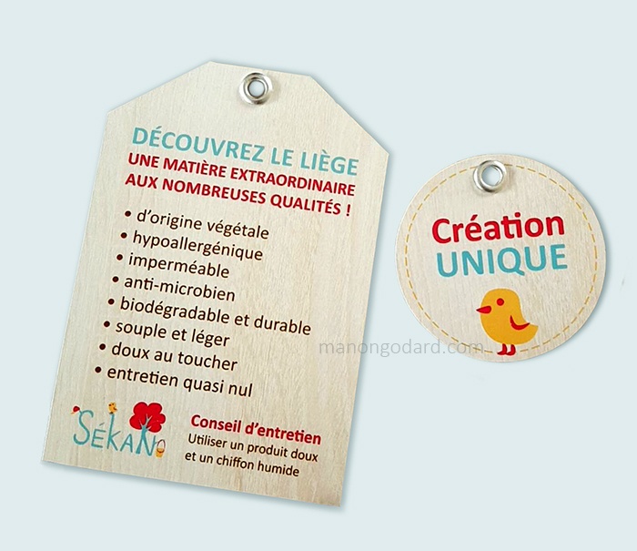 Etiquettes-produits pour la marque SeKaN, entrepreneuse créatrice de sacs, couturière. Graphiste : Manon Godard