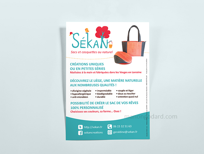 Flyer pour la marque SeKaN, entrepreneuse créatrice de sacs, couturière. Graphiste : Manon Godard