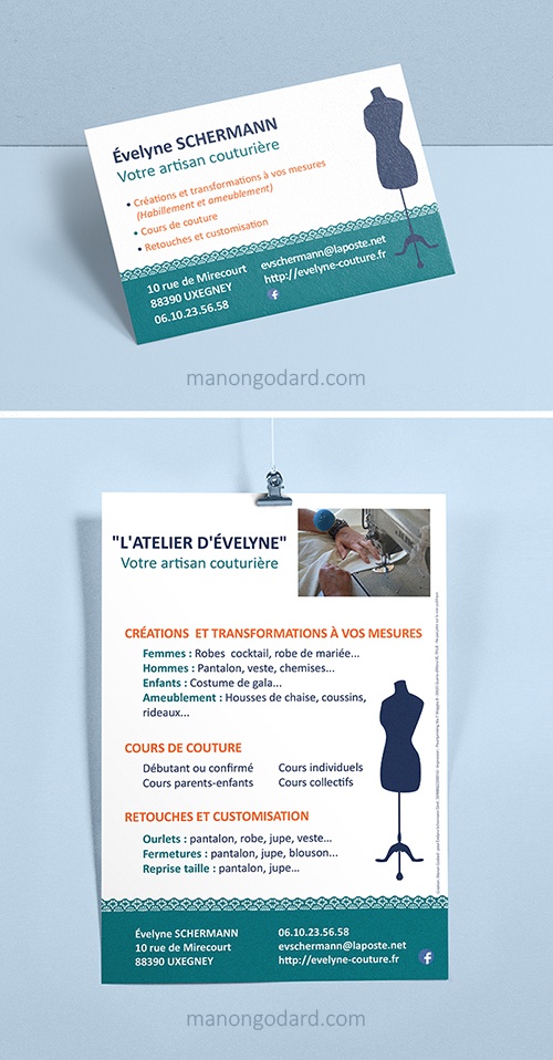 Carte de visite et flyer pour Evenyle Schrmann, entrepreneuse créatrice artisan couturière - Graphiste : Manon Godardc