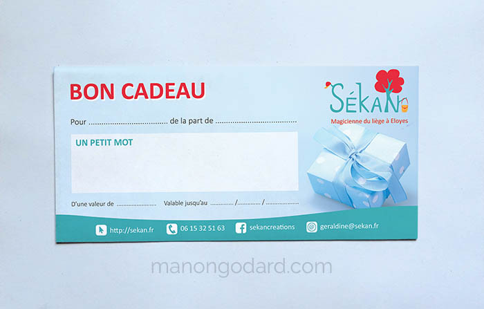 Bon cadeau pour la marque SeKaN, entrepreneuse créatrice de sacs, couturière. Graphiste : Manon Godard