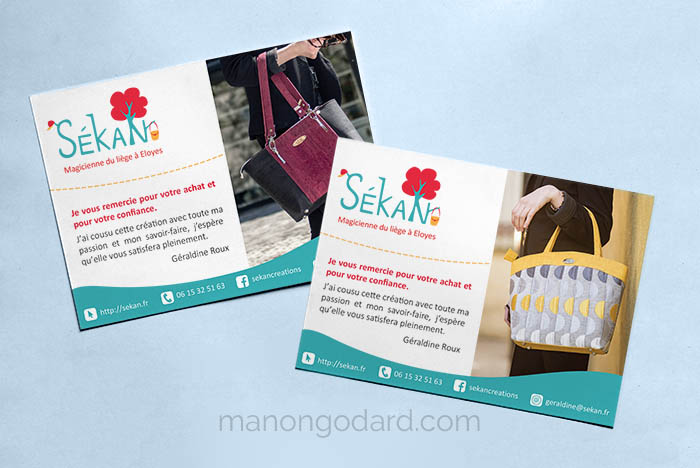 Flyer pour la marque SeKaN, entrepreneuse créatrice de sacs, couturière. Graphiste : Manon Godard