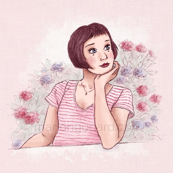 "Judith assise près des hortensias", illustration par Manon Godard