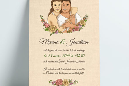 Faire-part de mariage floral avec illustration du couple par Manon Godard