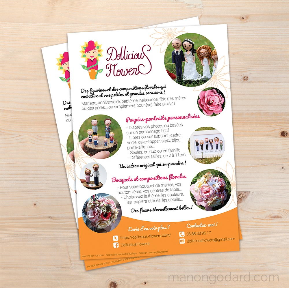 Flyer publicitaire A5 pour Dollicious Flowers, entrepreneuse créatrice de poupées miniatures et fleurs en papier - Graphiste : Manon Godard