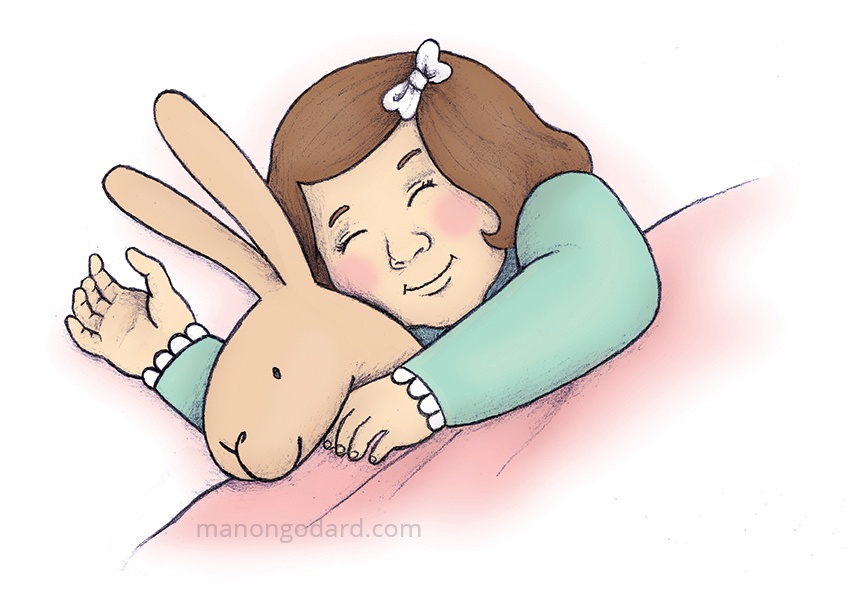 Illustration pour les locaux (chambre) de Maison Calisson, entrepreneuse assistante maternelle - Petite fille en train de dormir avec son doudou lapon - Illustratrice : Manon Godard