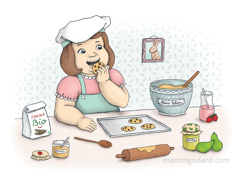 Illustration pour les locaux (cuisine) de Maison Calisson, entrepreneuse assistante maternelle - Petite fille préparant des cookies - Gr