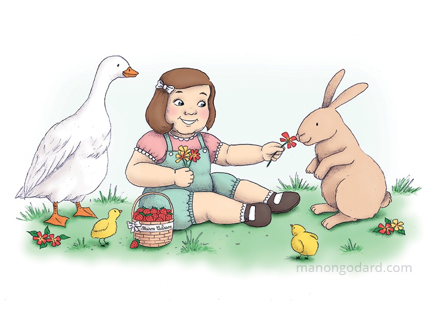 Illustration pour les locaux (jardin) de Maison Calisson, entrepreneuse assistante maternelle - Petite fille entourée d'animaux de la ferme avec son panier potager - Illustratrice : Manon Godard